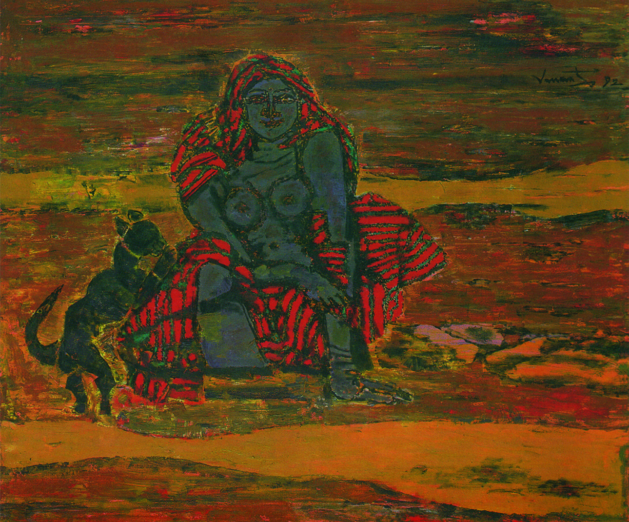 A.P. Santhanaraj,girl with her pet,1992,oil on canvas, 37.5 x 44.5 inch