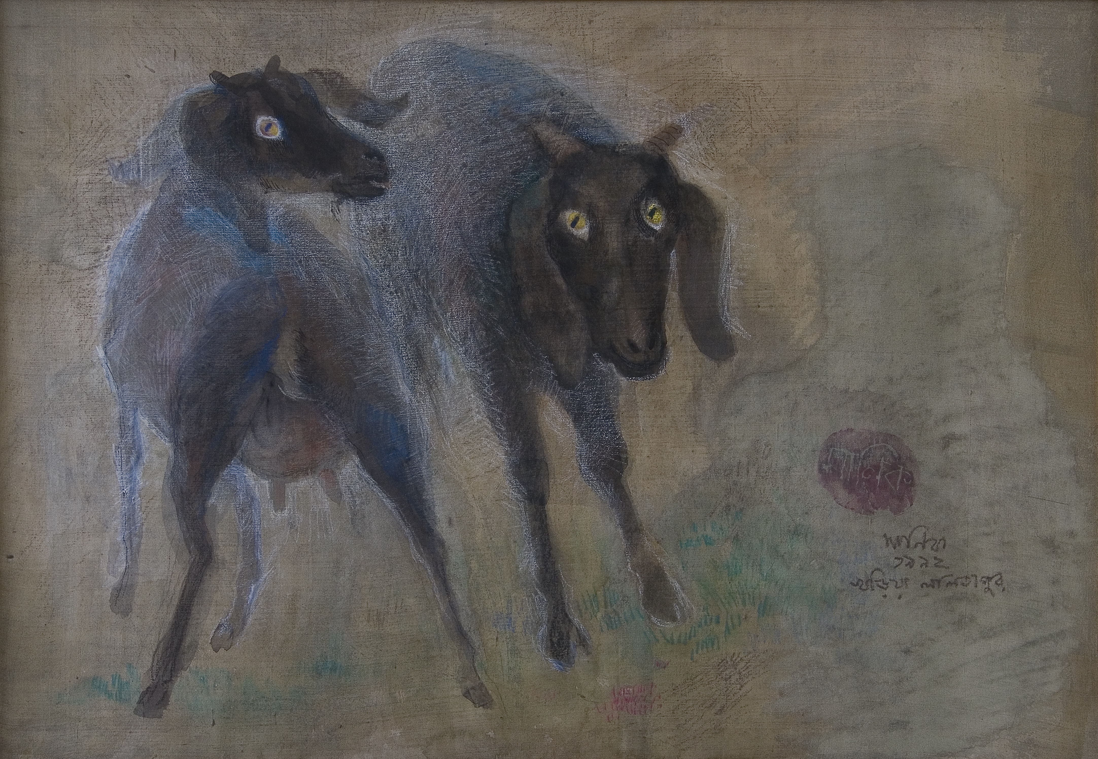 Maniklal, , water colour on silk, goats, 1992 , 18.5 x 26 inch