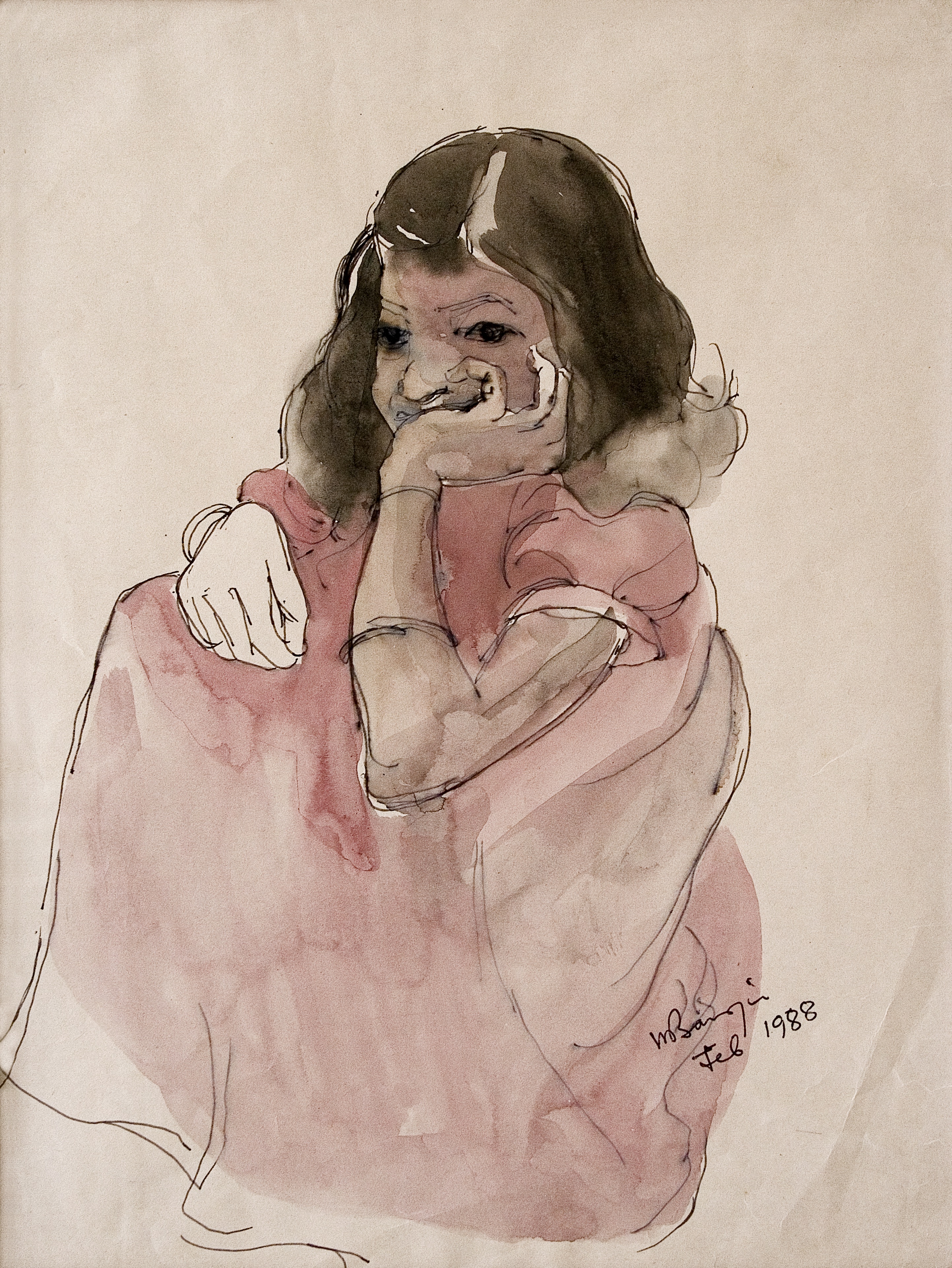 Maniklal, girl in pensive mood, feb.1988, water colour on paper, 12x9.25 inch
