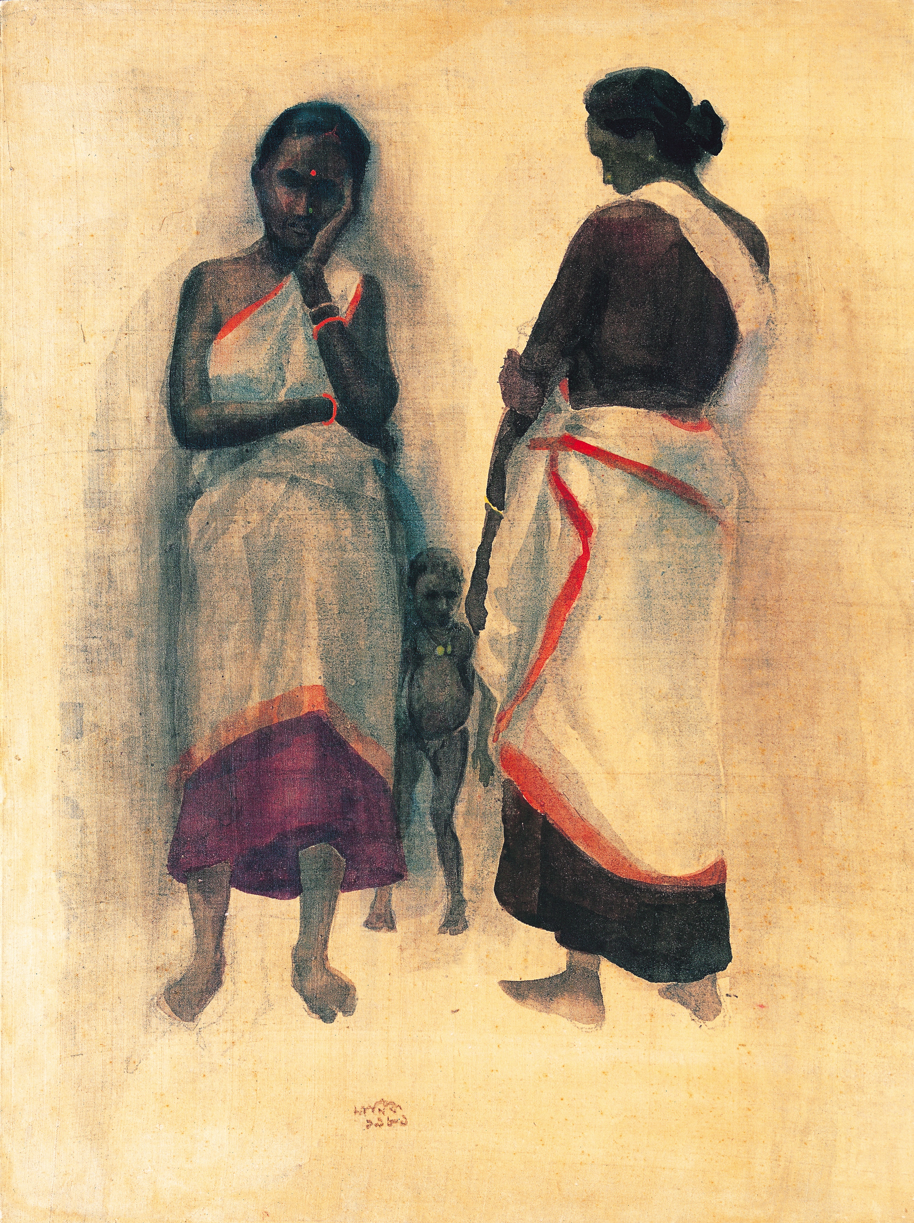 Maniklal, santhals, 1989, water colour on silk, 20x14 inch