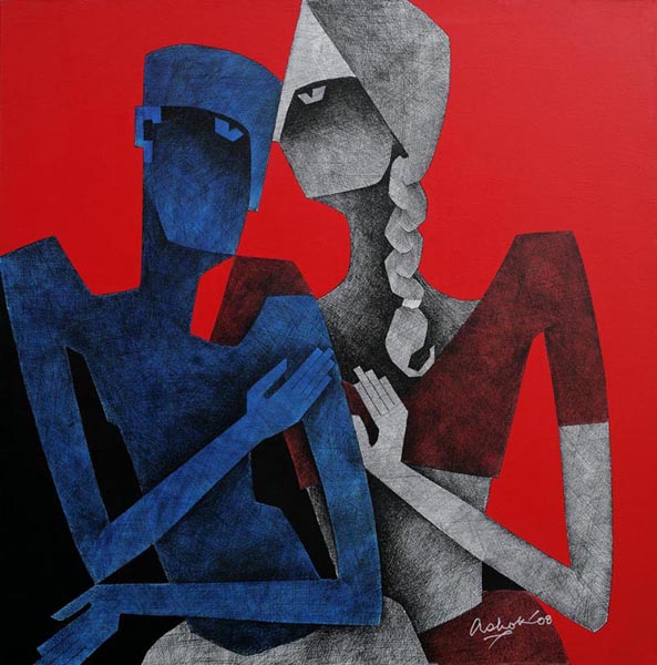 Ashok Bhowmick, Lovers III, 2008, Acrylic, pen, and ink on canvas
