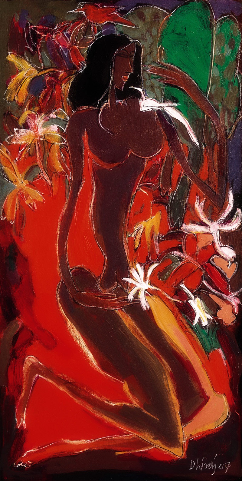 Dhiraj Choudhury, White Bird on Flowers, 2007, Oil on canvas