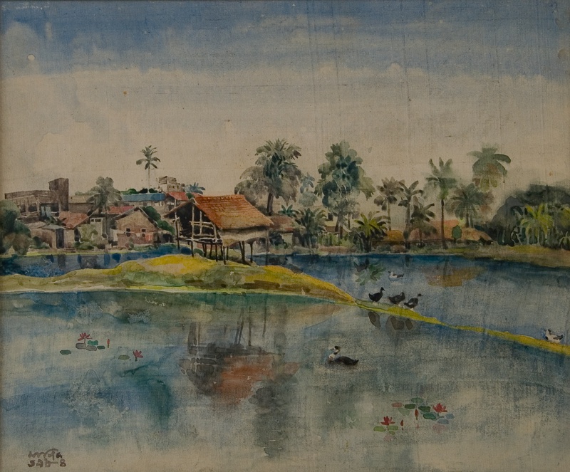 Maniklal Banerjee, Landscape from Bengal, 1984, Watercolor on silk