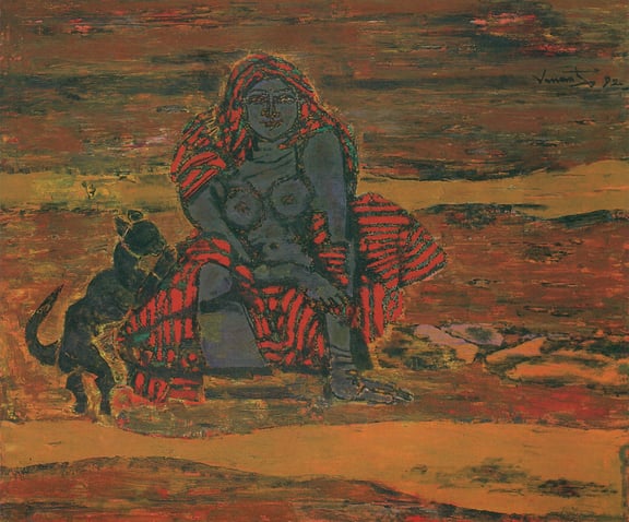A.P. Santhanaraj,girl with her pet,1992,oil on canvas, 37.5 x 44.5 inch