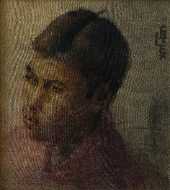 Maniklal, water colour on silk,1960's, portrait study, 4 x 4 inch