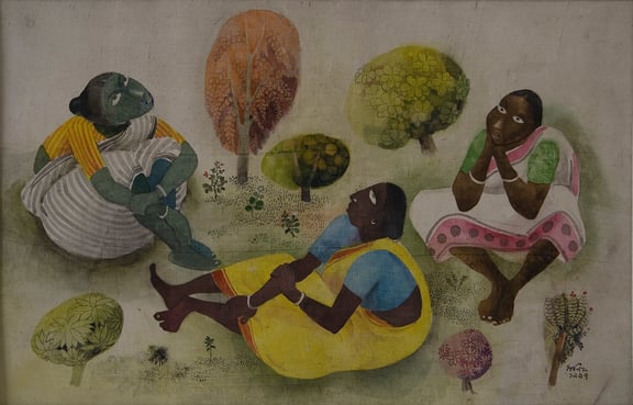 Maniklal, water colour on silk, three santhel women, 1997, 19x29