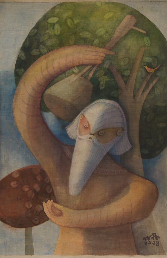 Maniklal, water colour on silkboard , baul singer ,1994 , 29x19.25  inch