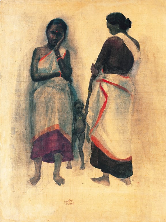 Maniklal, santhals, 1989, water colour on silk, 20x14 inch